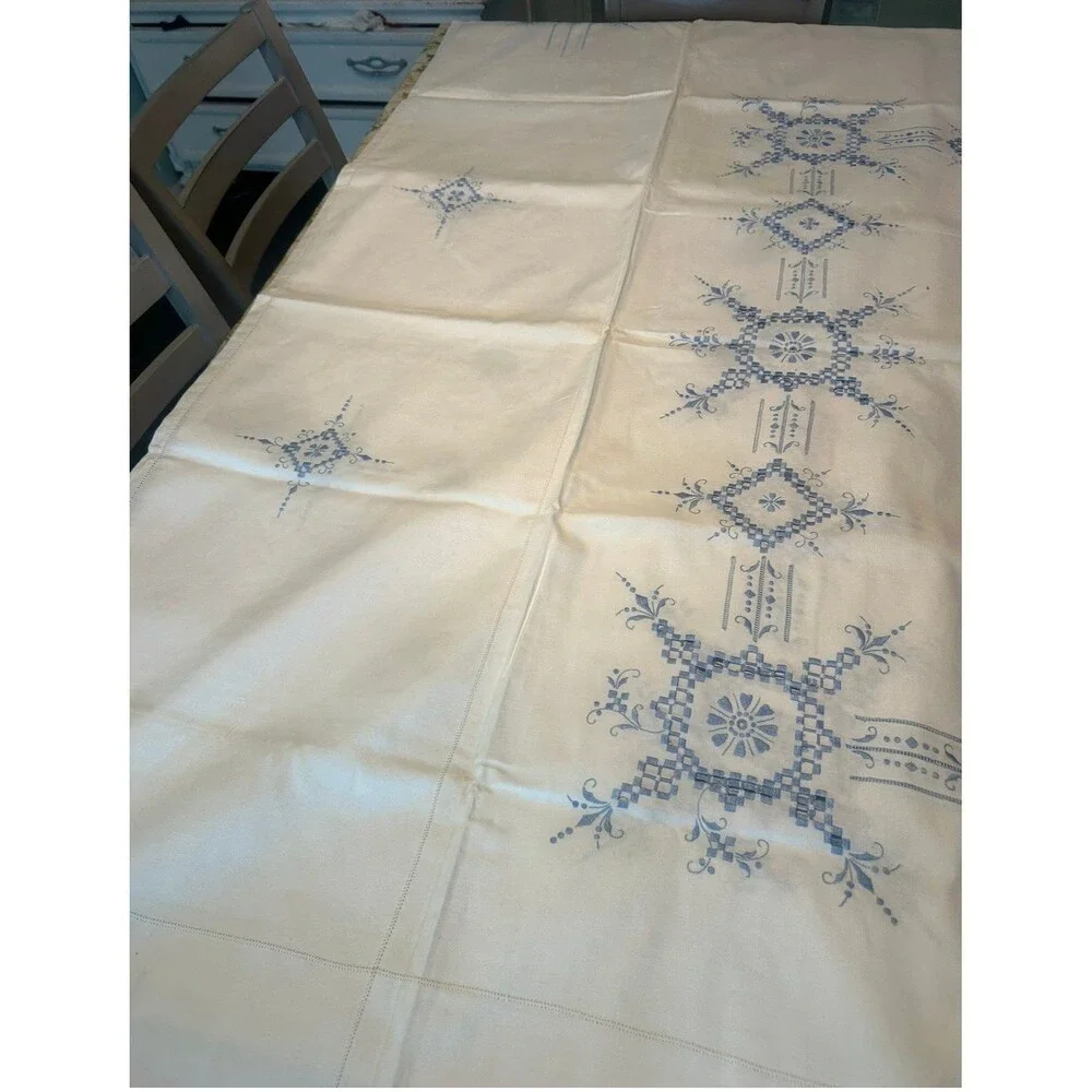 Blue & White hand-embroidered  table cloth 72 x 90